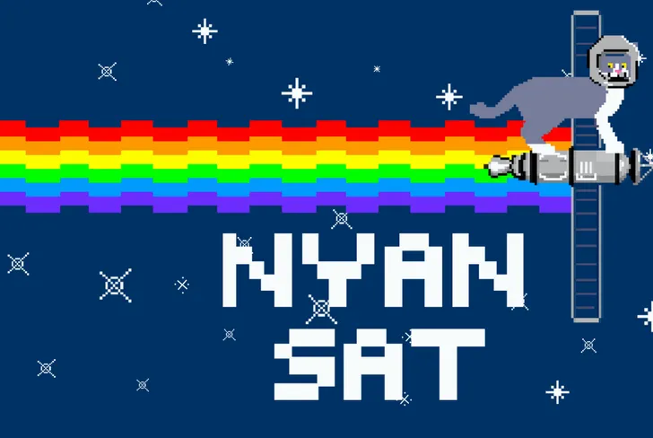 NyanSat project artwork with a rainbow trail and satellite dish