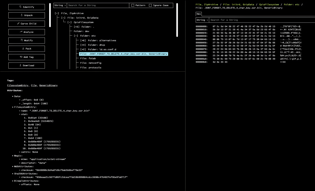 Split-pane terminal showing a firmware resource tree beside its raw data