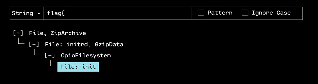 String search for "flag" across a nested ZIP, initrd and CPIO filesystem, with the init file selected