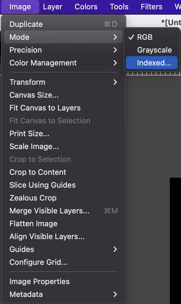 Image mode menu with Indexed colour selected