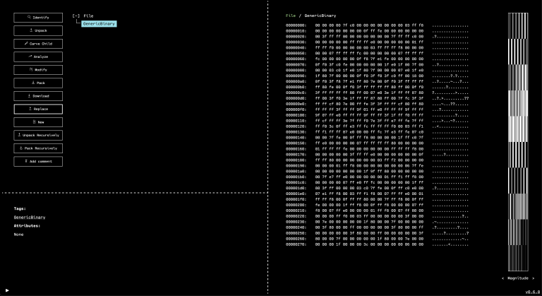 Badge firmware opened in a hex editor beside its decoded structure
