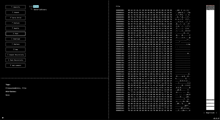 Hex editor view of the badge firmware with a byte range selected