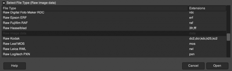 File type selection dialog listing raw image formats