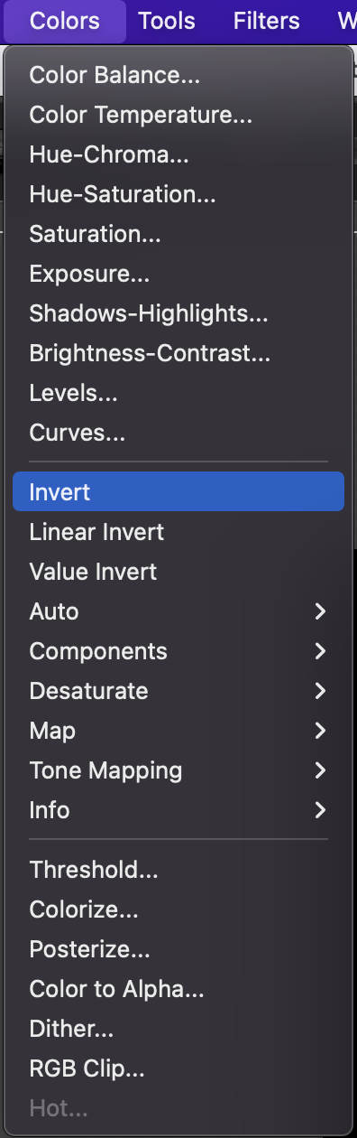 Image editor menu with the export options open