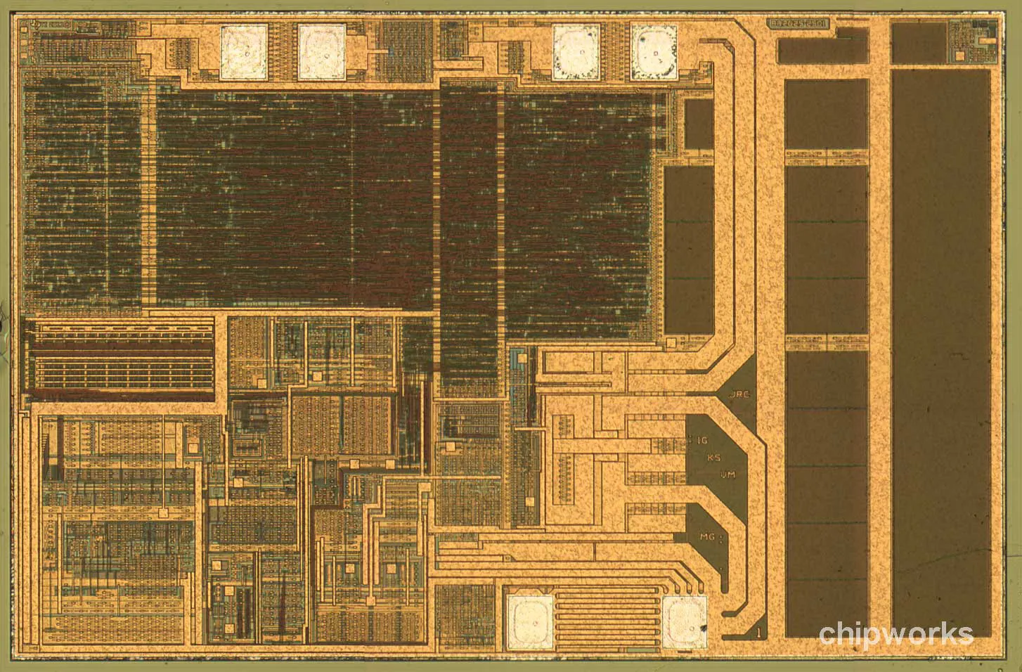 Close-up die shot showing the chip metal layers